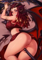 Rule 34 | 1girl, anus, armlet, ass, between legs, black horns, blush, bracelet, breasts, cleft of venus, closed mouth, commentary, demon girl, demon tail, demon wings, dreadlocks, english commentary, gradient background, grin, hair tubes, hand between legs, highres, horns, iwbitu, jewelry, large breasts, long hair, looking at viewer, original, paid reward available, purple eyes, pussy, red hair, smile, solo, tail, twitter username, uncensored, wings