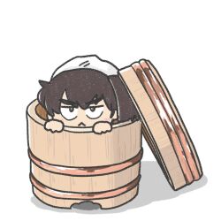 Rule 34 | 1girl, :&lt;, bandana, brown eyes, brown hair, ferret-san, in container, kaga (kancolle), kantai collection, long hair, looking at viewer, mini person, minigirl, ohitsu, side ponytail, simple background, solo, thick eyebrows, white background