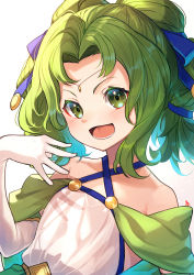 Rule 34 | 1girl, age regression, aged down, arm up, armpit crease, bare shoulders, child, fire emblem, fire emblem: the sacred stones, fire emblem heroes, flat chest, gloves, green eyes, green hair, hair ribbon, highres, l&#039;arachel (fire emblem), looking at viewer, nakabayashi zun, nintendo, open mouth, ribbon, twintails, upper body, white background