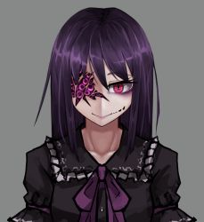 Rule 34 | 1girl, ageha (ray-k), black dress, butterfly affection, closed mouth, dress, extra eyes, eyeshadow, grey background, hair between eyes, highres, long hair, makeup, monster girl, neck ribbon, purple hair, purple lips, purple ribbon, ray-k, red eyes, ribbon, simple background, slit pupils, smile, solo, upper body