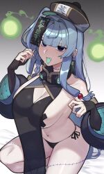 Rule 34 | 1girl, aged up, bare shoulders, black eyes, blue hair, breasts, colored tongue, cross pasties, detached sleeves, fingernails, green tongue, halloween costume, hands up, hat, highres, jiangshi costume, kotonoha aoi, large breasts, long hair, long sleeves, panties, pasties, puffy sleeves, sharp fingernails, side-tie panties, solo, stitched leg, stitched neck, stitches, talisman, tongue, tongue out, toriniku29, underwear, voiceroid