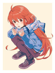 Rule 34 | 1girl, border, breathing on hands, brown hair, celeste (video game), coat, fuwamoko momen toufu, highres, long hair, looking at viewer, madeline (celeste), orange hair, padded coat, pants, pink background, puffy coat, scarf, shoes, simple background, solo, squatting, white border