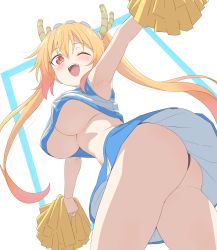 Rule 34 | 1girl, ;d, absurdres, alternate costume, ass, black panties, blonde hair, breasts, cheerleader, dragon girl, dragon horns, highres, holding, holding pom poms, horns, kobayashi-san chi no maidragon, large breasts, looking at viewer, no bra, one eye closed, open mouth, panties, pom pom (cheerleading), pom poms, red eyes, revision, sincos, slit pupils, smile, solo, tohru (maidragon), twintails, underboob, underwear