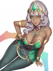 Rule 34 | 1girl, blunt bangs, breasts, cleavage, dark-skinned female, dark skin, hand on own hip, highres, jewelry, kumiko shiba, large breasts, league of legends, makeup, nail polish, necklace, qiyana (league of legends), sitting, solo, straddling, tiara, vambraces, yellow eyes