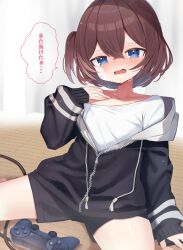 Rule 34 | 1girl, bad id, bad pixiv id, black jacket, black shorts, blue eyes, blush, brown hair, child, controller, copyright request, dualshock, game controller, gamepad, head tilt, highres, jacket, long sleeves, looking at viewer, noi mine, one side up, open mouth, playstation controller, shirt, short shorts, shorts, sitting, solo, spread legs, tears, translation request, white shirt
