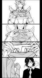Rule 34 | 2boys, 4koma, :d, closed mouth, collared shirt, comic, cookie run, espresso cookie, gloves, greyscale, hair over one eye, highres, madeleine cookie, monochrome, multicolored hair, multiple boys, necktie, open mouth, shirt, smile, streaked hair, tuko, you&#039;re doing it wrong