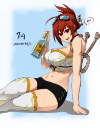 Rule 34 | 1girl, :d, ahoge, black shorts, bottle, breasts, cleavage, crossed legs, dated, folded ponytail, goggles, goggles on head, hair ornament, heart, large breasts, looking at viewer, midriff, navel, open mouth, red hair, rope, sagara1990, sake bottle, sengoku taisen, shimenawa, short shorts, shorts, sitting, smile, solo, spoken heart, sugino ookata, thighhighs, translation request, twitter username, white thighhighs