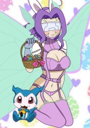 Rule 34 | 1girl, absurdres, bikini, blue skin, bra, breasts, butterfly hair ornament, butterfly wings, candy, chibimon, chocolate, chocolate bar, cleavage, colored skin, digimon, digimon (creature), digimon frontier, easter egg, eating, egg, facial mark, fairimon, food, garter straps, hair ornament, highres, holding, holding food, insect wings, kneeling, lingerie, lips, navel, panties, purple bikini, purple bra, purple hair, purple panties, rabbit ears, red eyes, shoulder pads, swimsuit, thighhighs, underwear, visor (armor), wings