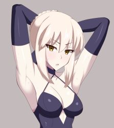 Rule 34 | 1girl, :o, armpits, arms up, artoria pendragon (all), artoria pendragon (fate), black dress, black gloves, blonde hair, blush, breasts, breath, brown background, closed eyes, collarbone, dress, elbow gloves, fate/stay night, fate (series), gloves, hair between eyes, halter dress, halterneck, looking at viewer, medium breasts, open mouth, saber alter, short hair with long locks, simple background, solo, sweat, taka (georg xiii), tsurime, upper body, v-shaped eyebrows, yellow eyes