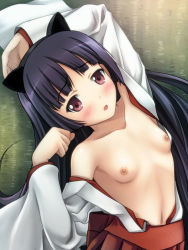 Rule 34 | 1girl, animal ears, arm up, black hair, blush, breasts, collarbone, fake animal ears, flat chest, gokou ruri, japanese clothes, long hair, looking at viewer, lying, md5 mismatch, miko, navel, nipples, off shoulder, on back, open clothes, open mouth, ore no imouto ga konna ni kawaii wake ga nai, purple eyes, ryunnu, small breasts, solo, upper body