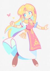 Rule 34 | 1girl, aqua eyes, armor, blonde hair, bracelet, bug, butterfly, denaseey, diadem, dress, earrings, full body, highres, insect, jewelry, long hair, nintendo, parted bangs, pauldrons, pointy ears, princess zelda, short sleeves, shoulder armor, simple background, smile, solo, standing, the legend of zelda, the legend of zelda: a link between worlds, triforce, white background, white dress