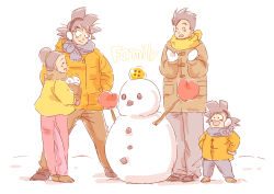 Rule 34 | 1girl, 3boys, black eyes, black hair, brothers, chi-chi (dragon ball), closed eyes, dragon ball, dragon ball (object), dragonball z, earmuffs, english text, family, father and son, gloves, happy, miiko (drops7), mother and son, multiple boys, open mouth, scarf, siblings, simple background, smile, snow, snowman, son gohan, son goku, son goten, stick, text focus, white background, winter clothes