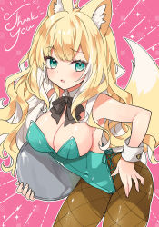 Rule 34 | 1girl, animal ear fluff, animal ears, blonde hair, colored inner hair, contrapposto, cowboy shot, fox ears, fox girl, fox tail, fuwafuwa-chan (kamiyoshi rika), green eyes, hand on own hip, highres, holding, holding tray, kamiyoshi rika, leotard, long hair, looking at viewer, multicolored hair, open mouth, original, pink background, playboy bunny, raised eyebrow, solo, tail, thank you, tray, white hair, wrist cuffs