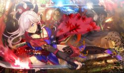 Rule 34 | 1girl, aora, black gloves, black thighhighs, breasts, cleavage, dual wielding, elbow gloves, fate/grand order, fate (series), gloves, grin, holding, holding sword, holding weapon, katana, long hair, miyamoto musashi (fate), miyamoto musashi (second ascension) (fate), pink hair, ponytail, purple eyes, smile, solo, sword, thighhighs, weapon
