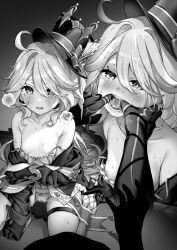 Rule 34 | 2girls, abuse, ahoge, arlecchino (genshin impact), breasts, drop-shaped pupils, furina (genshin impact), genshin impact, gloves, greyscale, hair between eyes, hand in another&#039;s mouth, hand in mouth, hat, long hair, mismatched pupils, monochrome, mouth pull, multiple girls, nipples, panties, peeing, peeing self, petite, small breasts, symbol-shaped pupils, tatsuya (s6pillars), top hat, underwear