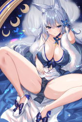 Rule 34 | 1girl, absurdres, animal ear fluff, animal ears, azur lane, bare shoulders, blue butterfly, blue dress, blue eyes, blush, breasts, bug, butterfly, cleavage, dress, feather boa, fox ears, grey hair, hair ornament, highres, insect, kitsune, large breasts, long hair, looking at viewer, multiple tails, shanguier, shinano (azur lane), shinano (dreams of the hazy moon) (azur lane), solo, tail, very long hair