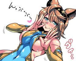 Rule 34 | 1girl, :p, animal ears, breasts, brown hair, cailana, covered navel, granblue fantasy, looking at viewer, short hair, simple background, smile, solo, tongue, tongue out, tukiwani, white background