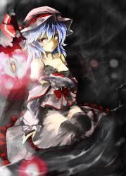 Rule 34 | 1girl, akisome hatsuka, bare shoulders, bat (animal), bat wings, black bra, black panties, black thighhighs, blue hair, bow, bra, bridal gauntlets, brown hair, clothes pull, collarbone, darkness, floral print, hat, hat ribbon, hatsuka (exsilver), highres, lace, lace-trimmed bra, lace trim, lantern, long sleeves, looking at viewer, mob cap, open mouth, panties, pointy ears, remilia scarlet, ribbon, see-through, shirt, shirt pull, silver hair, sitting, skirt, solo, thighhighs, touhou, underwear, wet, wet clothes, wet skirt, wings