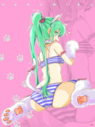 Rule 34 | 1girl, animal ears, animal hands, bra, cat ears, cat paws, cat tail, character name, from behind, green eyes, green hair, hatsune miku, kowiru, long hair, matching hair/eyes, open mouth, panties, sitting, solo, striped bra, striped clothes, striped panties, striped thighhighs, tail, thighhighs, twintails, underwear, underwear only, vocaloid, wariza, zoom layer