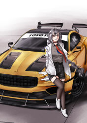Rule 34 | 1girl, absurdres, belt, black belt, black choker, black hair, black shorts, black thighhighs, braid, breasts, car, choker, collared shirt, commentary, cowlick, english commentary, garter straps, glasses, grey hair, grey shirt, highres, jacket, long hair, looking at viewer, medium breasts, motor vehicle, multicolored hair, necktie, need for speed, need for speed heat, nijisanji, nijisanji id, on vehicle, parted lips, polestar (company), polestar 1, raffijoe5, red necktie, shirt, shirt tucked in, shoes, shorts, sitting, smile, solo, spoiler (automobile), streaked hair, thighhighs, twin braids, vehicle focus, very long hair, virtual youtuber, white footwear, white jacket, xia ekavira
