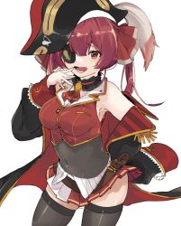 Rule 34 | 1girl, ascot, belt, black thighhighs, breasts, brown belt, choker, cleavage, covered navel, deitaku, eyepatch, feathers, hair ribbon, hat, hololive, houshou marine, jacket, large breasts, long hair, long sleeves, off shoulder, open mouth, pirate hat, pleated skirt, red eyes, red hair, red skirt, ribbon, simple background, skirt, solo, thighhighs, twintails, virtual youtuber, white background