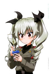 Rule 34 | 10s, 1girl, absurdres, anchovy (girls und panzer), black ribbon, black shirt, collared shirt, copyright name, drill hair, eyebrows, girls und panzer, grey hair, hair ribbon, highres, long hair, long sleeves, looking down, military, military uniform, official art, red eyes, ribbon, shirt, simple background, solo, tsurime, twin drills, twintails, uniform, upper body, white background, wing collar