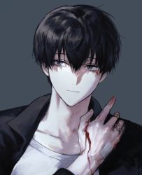 Rule 34 | 1boy, bandaid, bandaid on hand, black hair, black jacket, blood, blood on hands, closed mouth, commission, grey background, grey eyes, highres, jacket, jewelry, kkxmxx, looking at viewer, male focus, original, ring, shirt, short hair, simple background, solo, upper body, white shirt