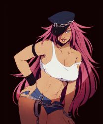 Rule 34 | 1girl, blue eyes, blue shorts, breasts, cleavage, contrapposto, cuffs, cutoffs, denim, denim shorts, final fight, hand on own hip, handcuffs, hanpetos, hat, large breasts, lipstick, long hair, makeup, midriff, peaked cap, pink hair, poison (final fight), short shorts, shorts, smile, solo, tank top, very long hair