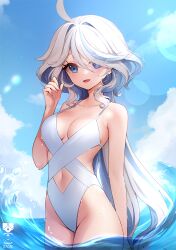 Rule 34 | 1girl, ahoge, ankkoyom, bare shoulders, blue eyes, blue hair, breasts, cleavage, collarbone, colored inner hair, cowboy shot, cowlick, dutch angle, furina (genshin impact), genshin impact, hair between eyes, highres, light blue hair, long hair, looking at viewer, medium breasts, mismatched pupils, multicolored hair, navel, ocean, one-piece swimsuit, open mouth, partially submerged, smile, solo, swept bangs, swimsuit, very long hair, white hair