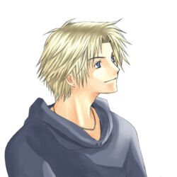 Rule 34 | 1boy, alternate costume, bad id, blonde hair, blue eyes, casual, chain necklace, earrings, final fantasy, final fantasy x, hood, hood down, hoodie, jewelry, looking to the side, lowres, male focus, necklace, rendezvous, short hair, simple background, smile, solo, stud earrings, tidus, upper body, white background