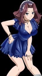 Rule 34 | 10s, 1girl, blue eyes, breasts, brown hair, burent, cleavage, dress, high school dxd, highres, jewelry, large breasts, leaning forward, looking at viewer, maid headdress, necklace, ring, smile, solo, standing