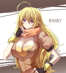 Rule 34 | 1girl, ahoge, blonde hair, blush, breasts, cleavage, copyright name, female focus, fingerless gloves, gauntlets, gloves, hand on own hip, highres, large breasts, long hair, looking at viewer, neckerchief, purple eyes, rwby, smile, solo, weapon, yang xiao long