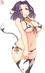 Rule 34 | 1girl, alternate costume, animal ears, animal print, artist logo, bell, bikini, commentary request, covered erect nipples, cow ears, cow horns, cow print, cow tail, cowbell, cowboy shot, dated, fake animal ears, fake horns, finger to mouth, front-tie top, hair intakes, highres, horns, kanon (kurogane knights), kantai collection, looking at viewer, lowleg, lowleg bikini, micro bikini, navel, one-hour drawing challenge, parted lips, purple eyes, purple hair, short hair, side-tie bikini bottom, simple background, solo, swimsuit, tail, tatsuta (kancolle), thighhighs, white background, white bikini