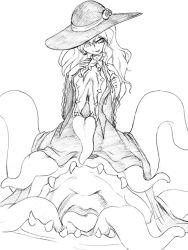 Rule 34 | 1girl, :p, ascot, cameko (camel), camel (dansen), dress, gown, hat, hat over one eye, monochrome, monster, monster girl, open mouth, original, sharp teeth, simple background, sketch, solo, teeth, tentacles, tongue, tongue out