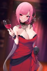 Rule 34 | 1girl, absurdres, alcohol, black nails, blurry, blurry background, breasts, cleavage, closed mouth, cup, dress, drinking glass, highres, holding, holding cup, hololive, hololive english, large breasts, looking at viewer, mori calliope, mori calliope (3rd costume), nail polish, pink hair, red dress, red eyes, skull, smile, solo, virtual youtuber, wine, wine glass, z.taiga
