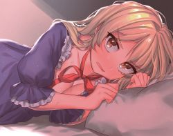 Rule 34 | 1girl, alternate eye color, bed, blonde hair, breasts, brown eyes, cleavage, collarbone, commentary request, dress, frilled sleeves, frills, hands up, highres, indoors, light particles, long hair, looking at viewer, lying, masanaga (tsukasa), medium breasts, neck ribbon, no headwear, on side, open mouth, pillow, puffy short sleeves, puffy sleeves, purple dress, red ribbon, ribbon, shadow, short sleeves, solo, touhou, upper body, yakumo yukari