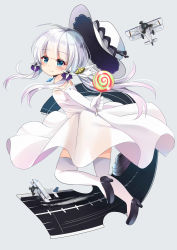 Rule 34 | 1girl, absurdres, aged down, aircraft, airplane, azur lane, bare shoulders, biplane, black footwear, blue eyes, blunt bangs, blush, candy, closed mouth, commentary, dress, elbow gloves, food, gloves, grey background, hair ornament, hat, high heels, highres, holding, holding candy, holding food, holding lollipop, ikazu401, illustrious (azur lane), lollipop, long hair, looking at viewer, looking to the side, mole, mole under eye, runway, shoe soles, silver hair, simple background, smile, solo, swirl lollipop, unworn hat, unworn headwear, very long hair, white dress, white gloves, white hat, white legwear