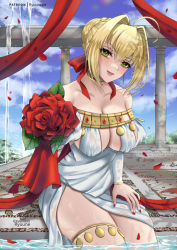 Rule 34 | 1girl, ahoge, bare shoulders, blonde hair, blush, braid, breasts, cleavage, collarbone, dress, fate/grand order, fate (series), french braid, green eyes, hair bun, hair intakes, highres, large breasts, long hair, looking at viewer, nero claudius (fate), nero claudius (fate) (all), nero claudius (formal dress) (fate), open mouth, petals, rose petals, ryuuneart, single hair bun, smile, solo, thighlet, thighs, white dress