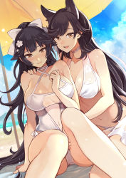 Rule 34 | 2girls, alternate costume, animal ears, atago (azur lane), atago (summer march) (azur lane), atago (summer march) (azur lane), azur lane, bare shoulders, beach, bikini, black hair, blush, bow, breasts, brown eyes, casual one-piece swimsuit, cleavage, closed mouth, collarbone, commentary request, criss-cross halter, day, extra ears, flower, hair bow, hair flower, hair ornament, halterneck, highres, large breasts, long hair, looking at viewer, mole, mole under eye, multiple girls, navel, one-piece swimsuit, open mouth, outdoors, ponytail, sarong, sitting, summer, swept bangs, swimsuit, takao (azur lane), takao (beach rhapsody) (azur lane), white bikini, white bow, white one-piece swimsuit, yuko (uc yuk)