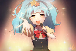 Rule 34 | 10s, 1girl, :d, blue hair, bow, bowtie, buttons, female focus, glint, hair ornament, head tilt, holding, holding microphone, hoshikawa lily, long hair, looking at viewer, mary (14476764), microphone, open mouth, outstretched hand, ponytail, puffy short sleeves, puffy sleeves, reaching, reaching towards viewer, red bow, red bowtie, shirt, short sleeves, sidelocks, smile, solo, stage lights, star (symbol), star hair ornament, striped bow, striped bowtie, striped clothes, striped neckwear, suspenders, teeth, upper body, upper teeth only, wavy hair, wing collar, yellow eyes, yellow shirt, zombie land saga