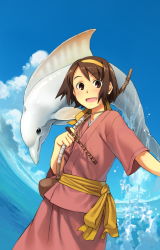 Rule 34 | 1girl, animal, bow (weapon), brown eyes, brown hair, character request, cloud, day, hairband, jumping, open mouth, sash, sejima kentarou, short hair, sky, solo, water, weapon, whale