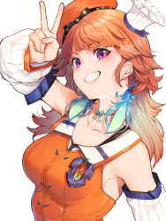 Rule 34 | 1girl, armpits, beret, blue hair, breasts, chef hat, collarbone, detached sleeves, feathers, grin, hat, highres, hololive, hololive english, long hair, medium breasts, mikan (chipstar182), mini hat, multicolored hair, orange hair, purple eyes, simple background, smile, solo, takanashi kiara, takanashi kiara (1st costume), two-tone hair, upper body, v, virtual youtuber, white background