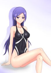 Rule 34 | 00s, 1girl, aono miki, bare shoulders, blush, breasts, cleavage, competition swimsuit, covered navel, fresh precure!, highleg, highleg swimsuit, long hair, looking at viewer, northman, one-piece swimsuit, precure, purple eyes, purple hair, sitting, smile, solo, swimsuit