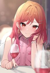 Rule 34 | 1girl, absurdres, blurry, blurry background, blurry foreground, close-up, cup, drinking glass, earrings, elbow on table, gradient hair, hair ornament, hairclip, hand in own hair, highres, holding, holding cup, hololive, hololive dev is, ichijou ririka, jewelry, long hair, multicolored hair, orange hair, pink hair, pink shirt, red eyes, red wine, shirt, sleeveless, sleeveless shirt, solo, table, virtual youtuber, wine glass, yuuki02