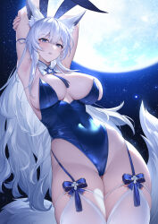 1girl animal_ears arm_strap armpits arms_behind_head arms_up azur_lane bare_shoulders between_breasts blue_eyes blue_leotard breasts cleavage commentary_request covered_navel cowboy_shot detached_collar fake_animal_ears fox_ears fox_tail full_moon garter_straps highleg highleg_leotard highres large_breasts leotard long_hair looking_at_viewer moon official_alternate_costume parted_lips playboy_bunny rabbit_ears shinano_(azur_lane) shinano_(visions_of_fantasy)_(azur_lane) skindentation solo strapless strapless_leotard stretching tail tassel thighhighs thighs very_long_hair white_hair white_thighhighs yin_lan_xue