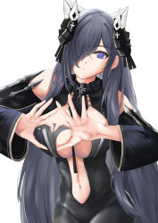 Rule 34 | 1girl, august von parseval (azur lane), azur lane, bare shoulders, black dress, breasts, cleavage, cleavage cutout, clothing cutout, cross, curled horns, detached sleeves, dress, heart-shaped boob challenge, highres, horns, iron cross, large breasts, long hair, looking at viewer, mechanical horns, navel cutout, purple eyes, purple hair, simple background, solo, turboflower, very long hair, white background