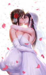 Rule 34 | 2girls, absurdres, arms around waist, blurry, blurry background, breast press, breasts, bridal veil, bride, brown hair, cleavage, dress, earrings, elbow gloves, female focus, flower, french kiss, gloves, hair flower, hair ornament, highres, jewelry, kiss, large breasts, long hair, multiple girls, nail polish, original, petals, purple nails, short hair, sideboob, simple background, stained glass, strapless, strapless dress, tiara, veil, wedding, wedding dress, white background, white dress, white gloves, wife and wife, window, yuri, yuritamashi