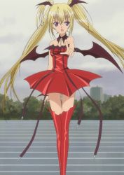 Rule 34 | angry, bare shoulders, bat wings, blonde hair, boots, cross, flat chest, goth fashion, head wings, highres, hoshina utau, latin cross, long hair, lunatic charm, pointing, purple eyes, ribbon, screencap, shugo chara!, skirt, solo, stitched, thigh boots, thighhighs, third-party edit, twintails, very long hair, wings, zettai ryouiki