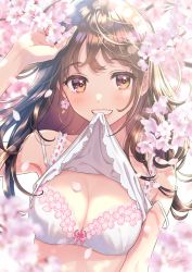 Rule 34 | 1girl, :d, arm at side, bare shoulders, blush, bow, bow bra, bra, breasts, brown eyes, brown hair, cherry blossoms, cleavage, clothes lift, collarbone, commentary, day, earrings, eyelashes, fingernails, floating hair, gradient eyes, grin, hand up, highres, jewelry, long hair, looking at viewer, medium breasts, morikura en, mouth hold, multicolored eyes, nail polish, open mouth, original, outdoors, petals, pink bow, pink lips, pink nails, shirt lift, smile, solo, teeth hold, underwear, upper body, white bra, wind, yellow eyes