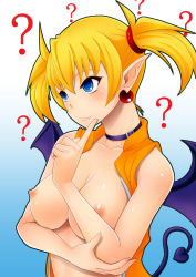 Rule 34 | 1girl, ?, aq interactive, arcana heart, atlus, bat wings, blonde hair, blue eyes, breasts, choker, collarbone, demon girl, demon tail, earrings, examu, fang, female focus, finger to own chin, gradient background, jewelry, large breasts, lilica felchenerow, nipples, no bra, pointy ears, short hair, solo, tail, thinking, tomatto (@ma!), topless, topless frame, twintails, upper body, wings